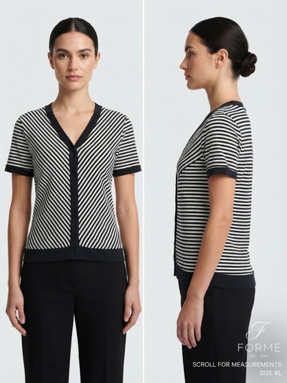 FORME Black & White Striped V-Neck Button Front Tee Shirt Women's - Size 12 / XL